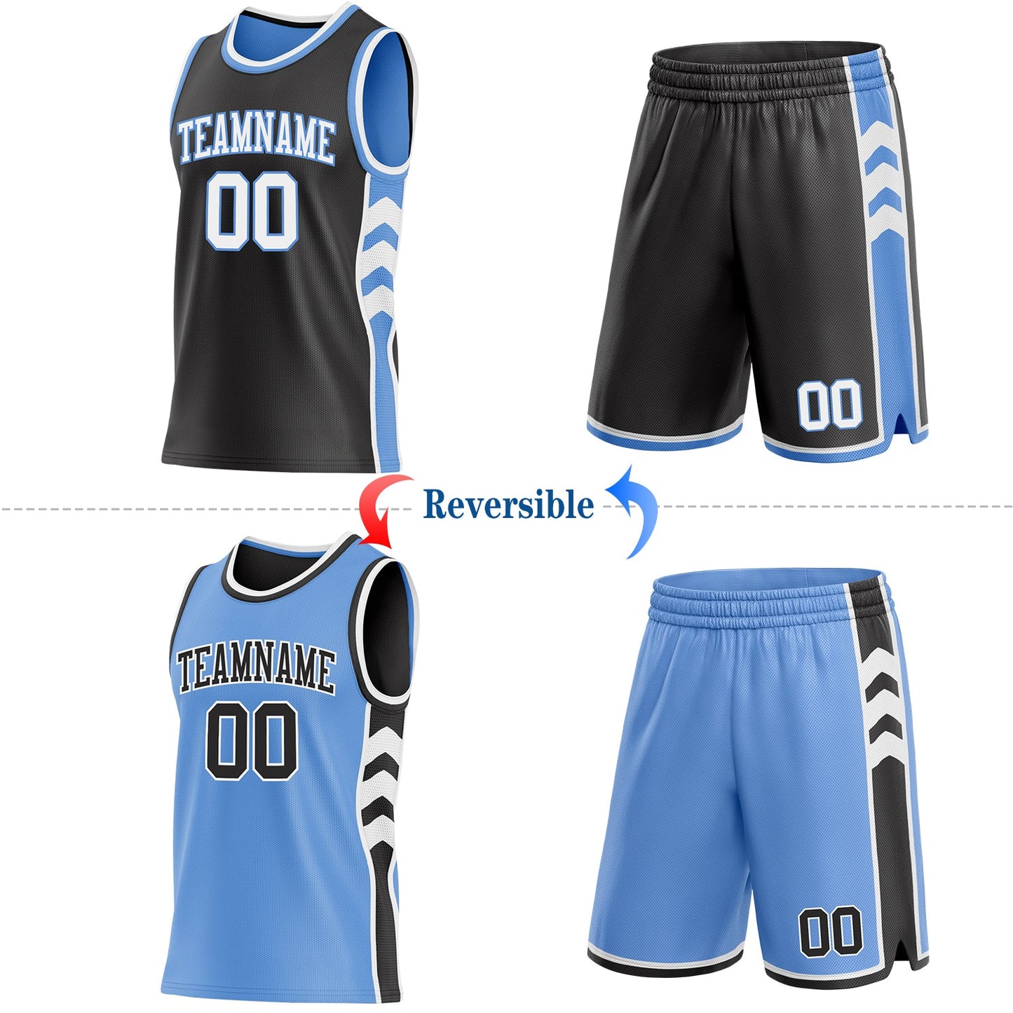 Custom Black White-Light Blue Side Panel Geometric Chevron Reversible Double Side Sublimation Basketball Set Jersey