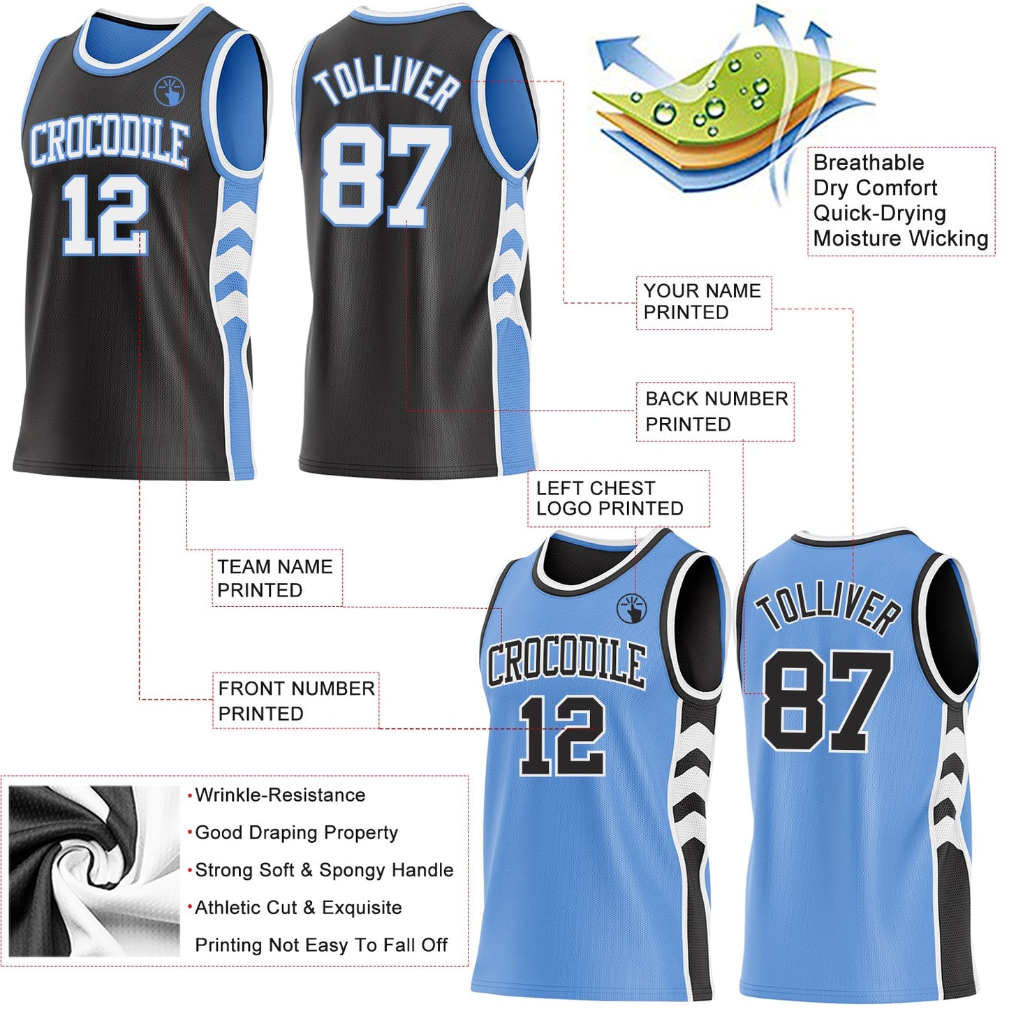 Custom Black White-Light Blue Side Panel Geometric Chevron Reversible Double Side Sublimation Basketball Set Jersey