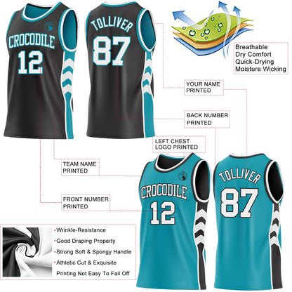 Custom Black White-Teal Side Panel Geometric Chevron Reversible Double Side Sublimation Basketball Set Jersey