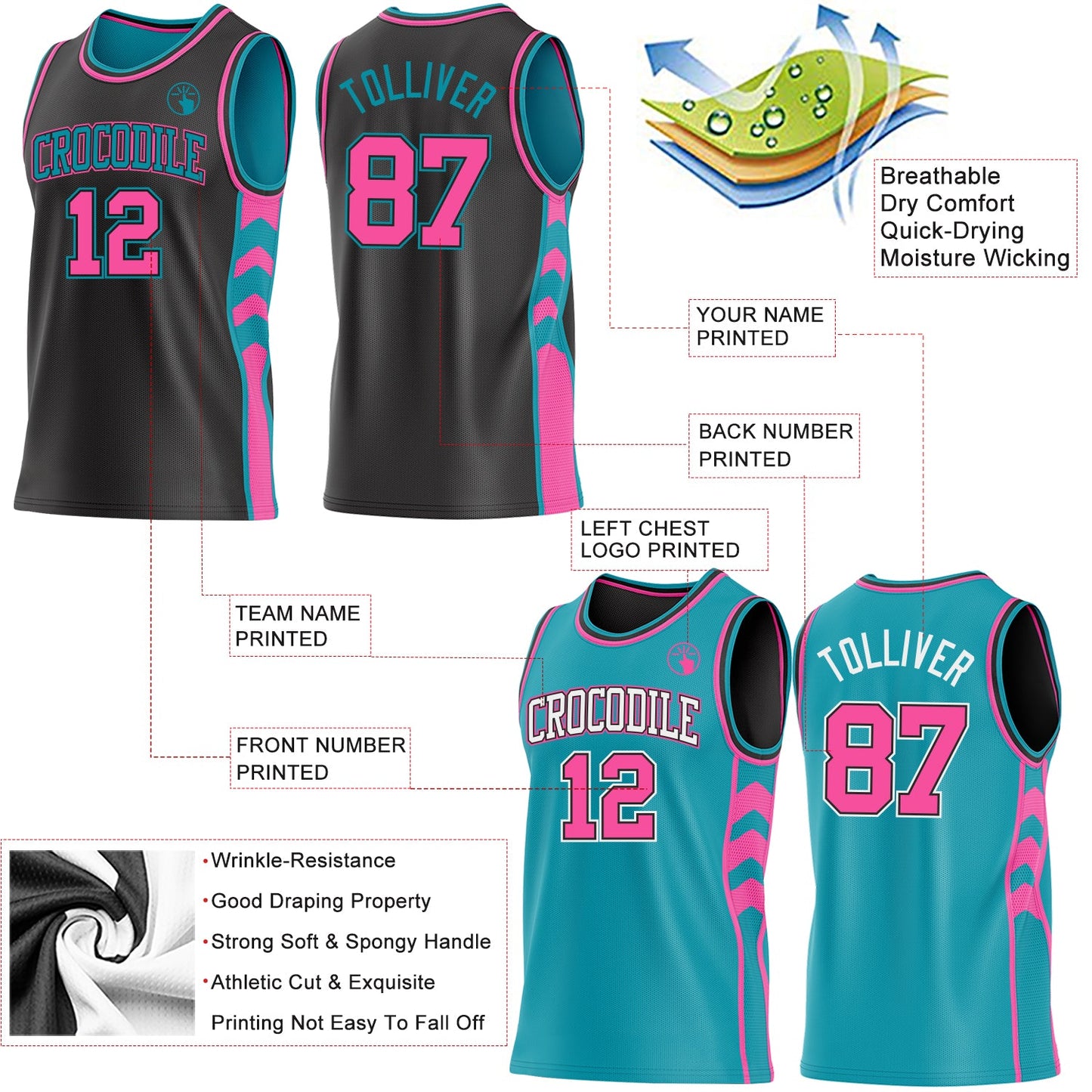 Custom Black Pink-Teal Side Panel Geometric Chevron Reversible Double Side Sublimation Basketball Set Jersey