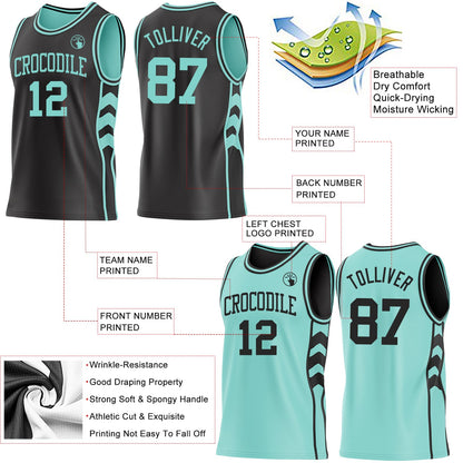 Custom Black-Ice Blue Side Panel Geometric Chevron Reversible Double Side Sublimation Basketball Set Jersey