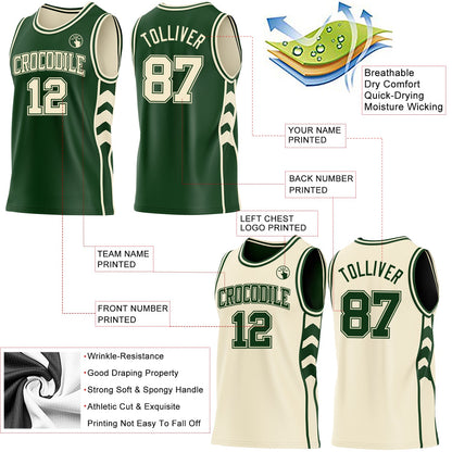 Custom Green-Cream Side Panel Geometric Chevron Reversible Double Side Sublimation Basketball Set Jersey