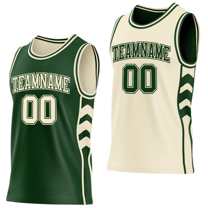 Custom Green-Cream Side Panel Geometric Chevron Reversible Double Side Sublimation Basketball Set Jersey
