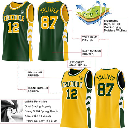 Custom Green Gold-White Side Panel Geometric Chevron Reversible Double Side Sublimation Basketball Set Jersey