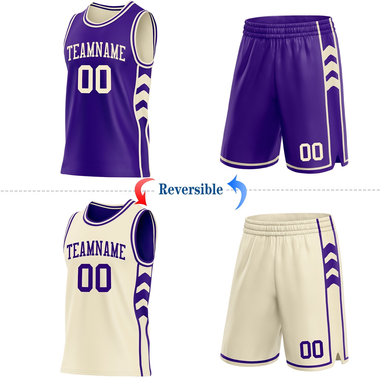 Custom Purple-Cream Side Panel Geometric Chevron Reversible Double Side Sublimation Basketball Set Jersey