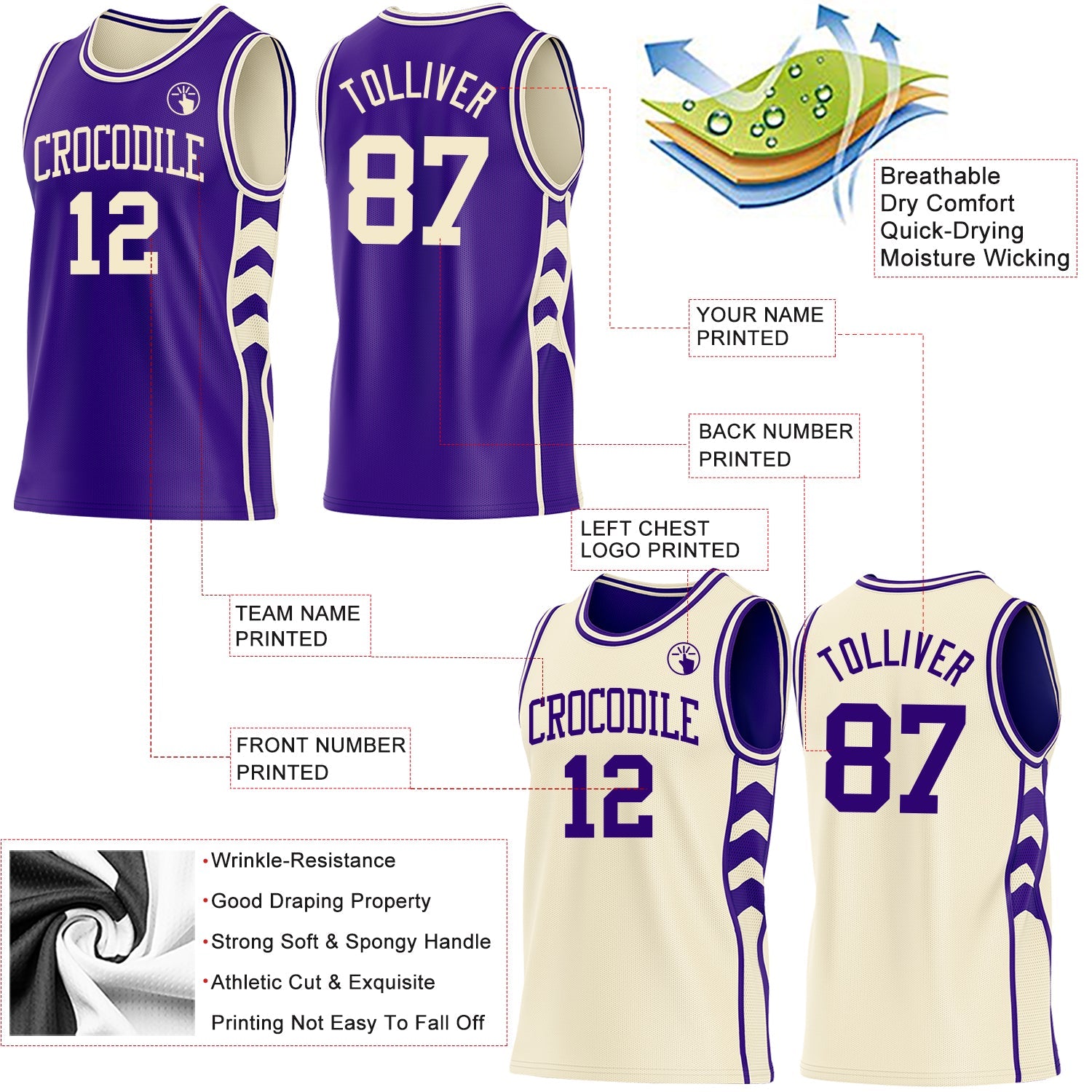 Custom Purple-Cream Side Panel Geometric Chevron Reversible Double Side Sublimation Basketball Set Jersey