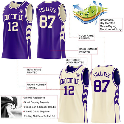 Custom Purple-Cream Side Panel Geometric Chevron Reversible Double Side Sublimation Basketball Set Jersey