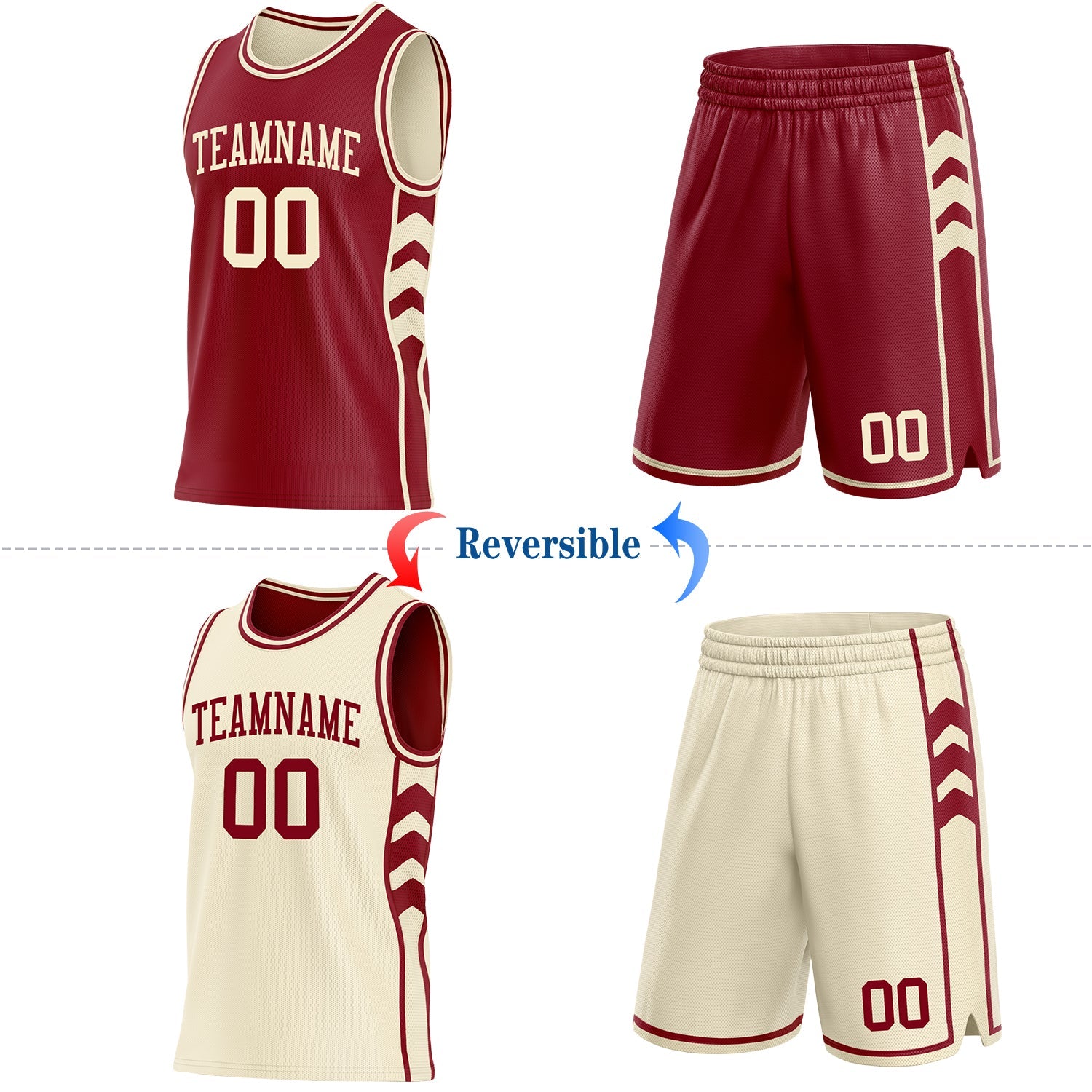 Custom Maroon-Cream Side Panel Geometric Chevron Reversible Double Side Sublimation Basketball Set Jersey