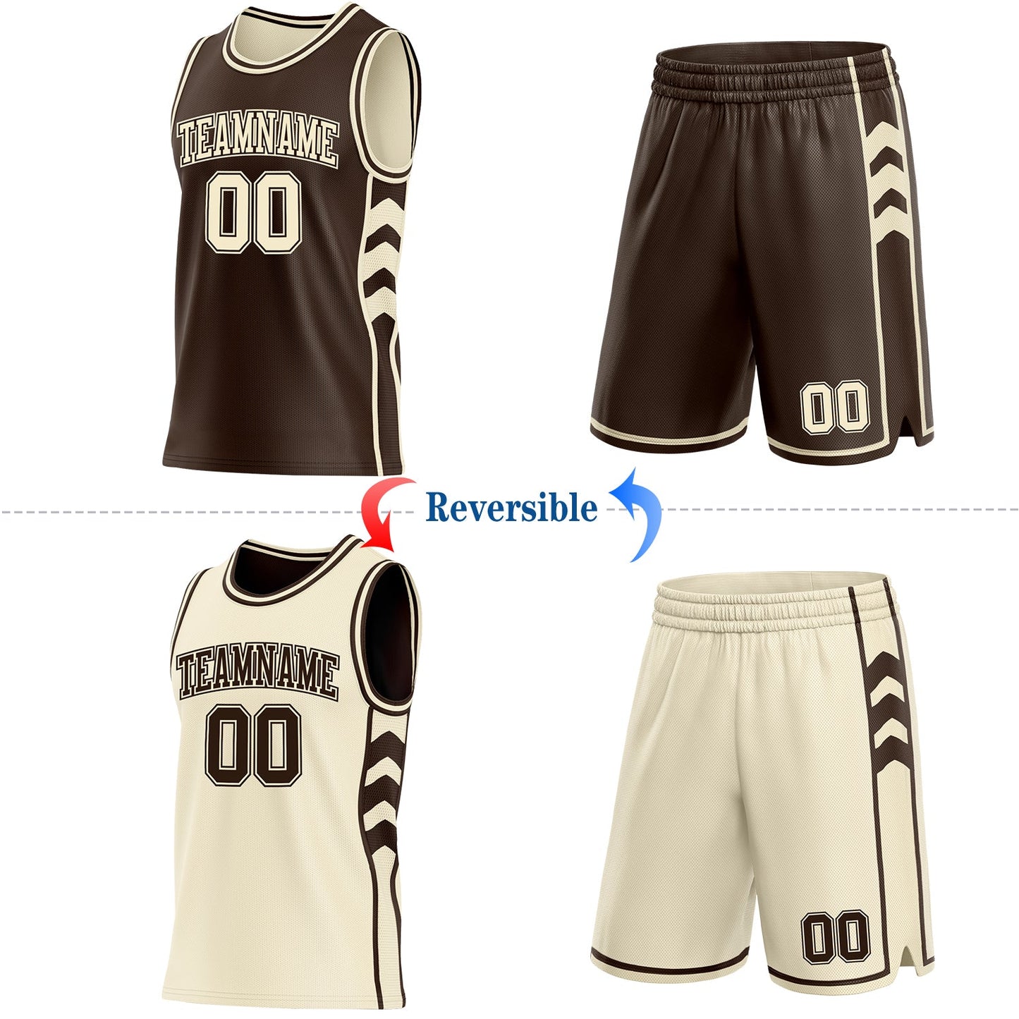 Custom Brown-Cream Side Panel Geometric Chevron Reversible Double Side Sublimation Basketball Set Jersey