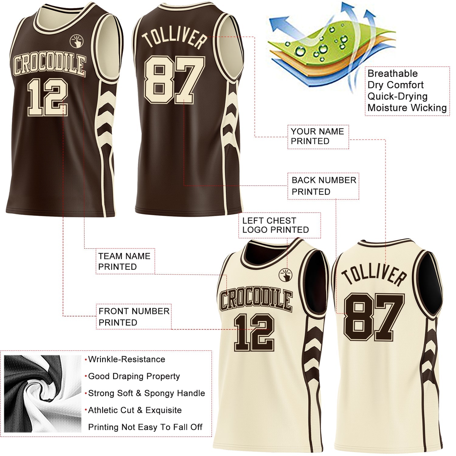 Custom Brown-Cream Side Panel Geometric Chevron Reversible Double Side Sublimation Basketball Set Jersey