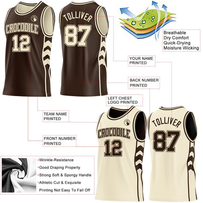Custom Brown-Cream Side Panel Geometric Chevron Reversible Double Side Sublimation Basketball Set Jersey
