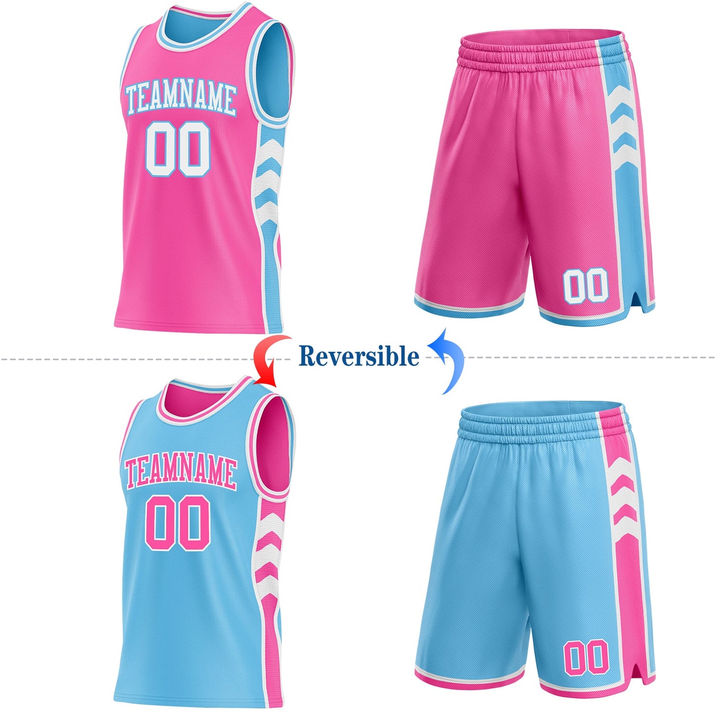 Custom Pink White-Sky Blue Side Panel Geometric Chevron Reversible Double Side Sublimation Basketball Set Jersey