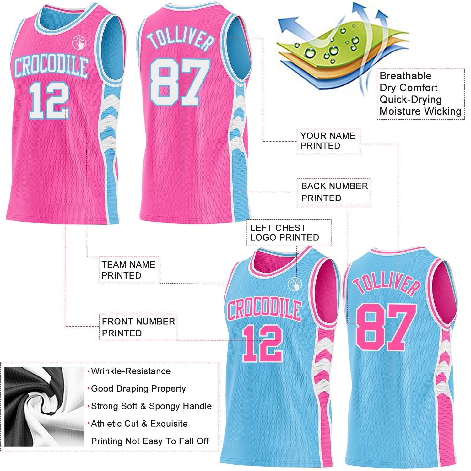 Custom Pink White-Sky Blue Side Panel Geometric Chevron Reversible Double Side Sublimation Basketball Set Jersey