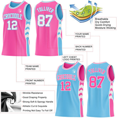 Custom Pink White-Sky Blue Side Panel Geometric Chevron Reversible Double Side Sublimation Basketball Set Jersey