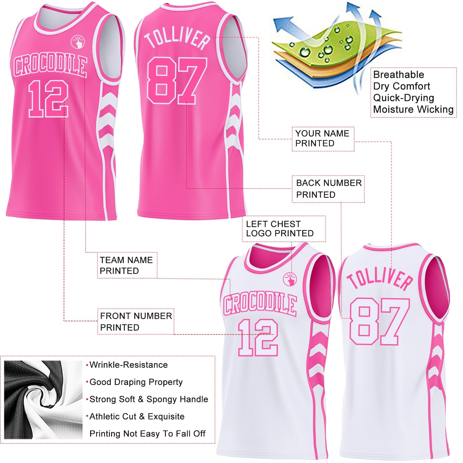 Custom Pink-White Side Panel Geometric Chevron Reversible Double Side Sublimation Basketball Set Jersey