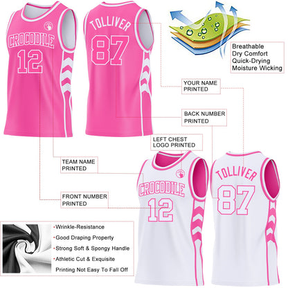 Custom Pink-White Side Panel Geometric Chevron Reversible Double Side Sublimation Basketball Set Jersey