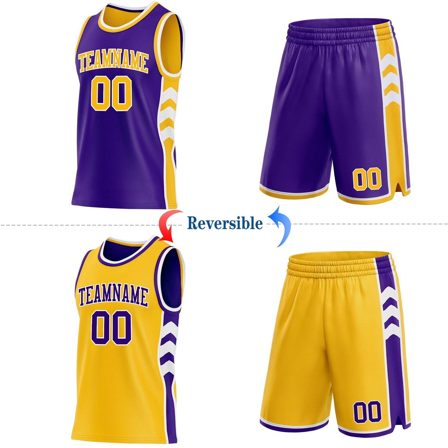 Custom Purple Gold-White Side Panel Geometric Chevron Reversible Double Side Sublimation Basketball Set Jersey