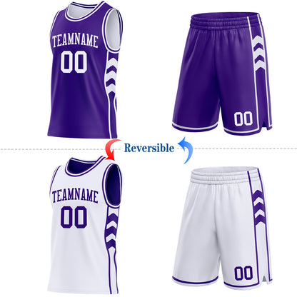Custom Purple-White Side Panel Geometric Chevron Reversible Double Side Sublimation Basketball Set Jersey