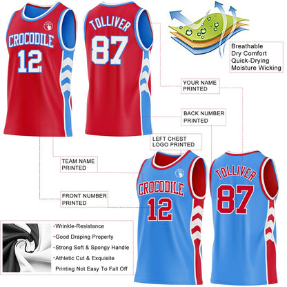 Custom Red White-Powder Blue Side Panel Geometric Chevron Reversible Double Side Sublimation Basketball Set Jersey