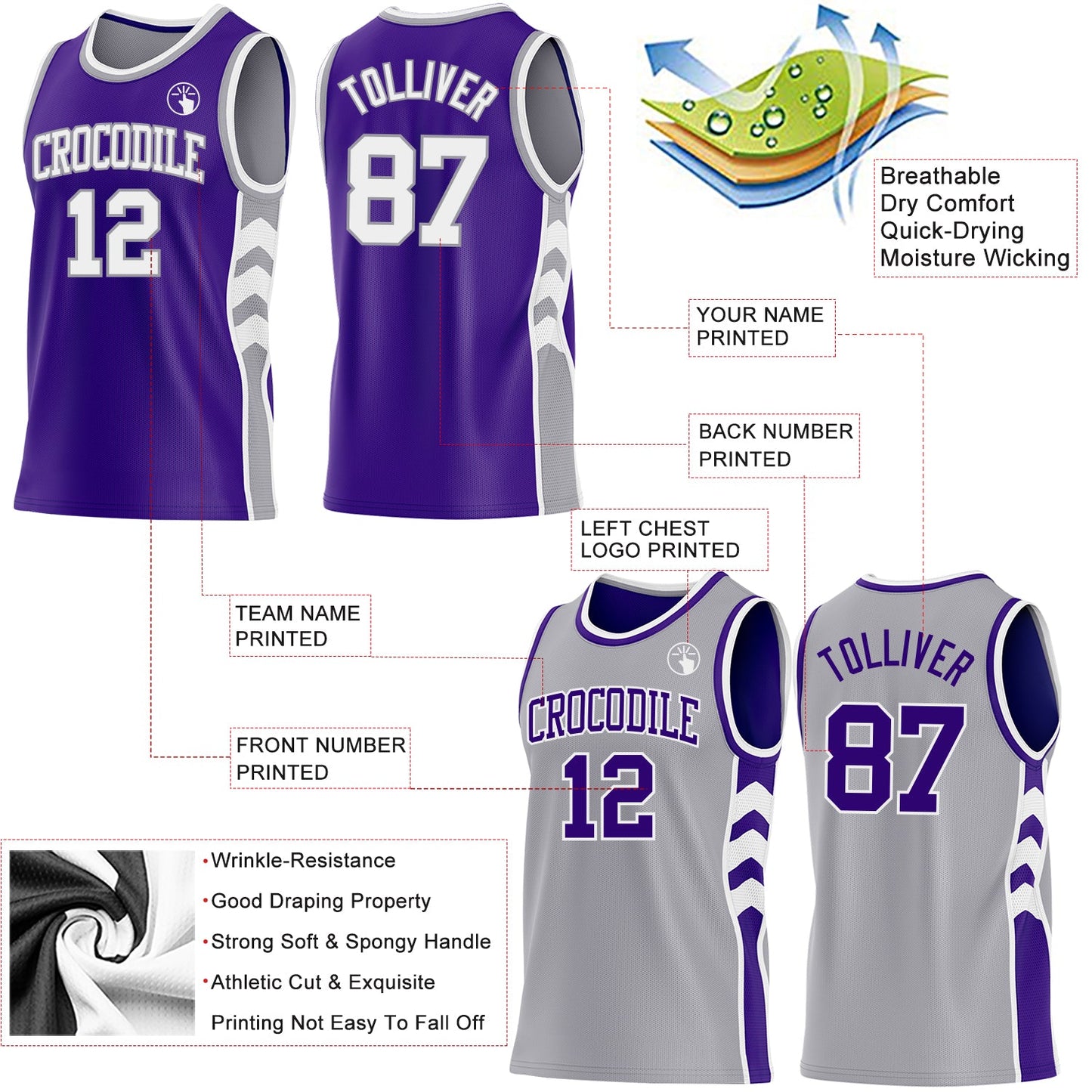 Custom Purple White-Gray Side Panel Geometric Chevron Reversible Double Side Sublimation Basketball Set Jersey