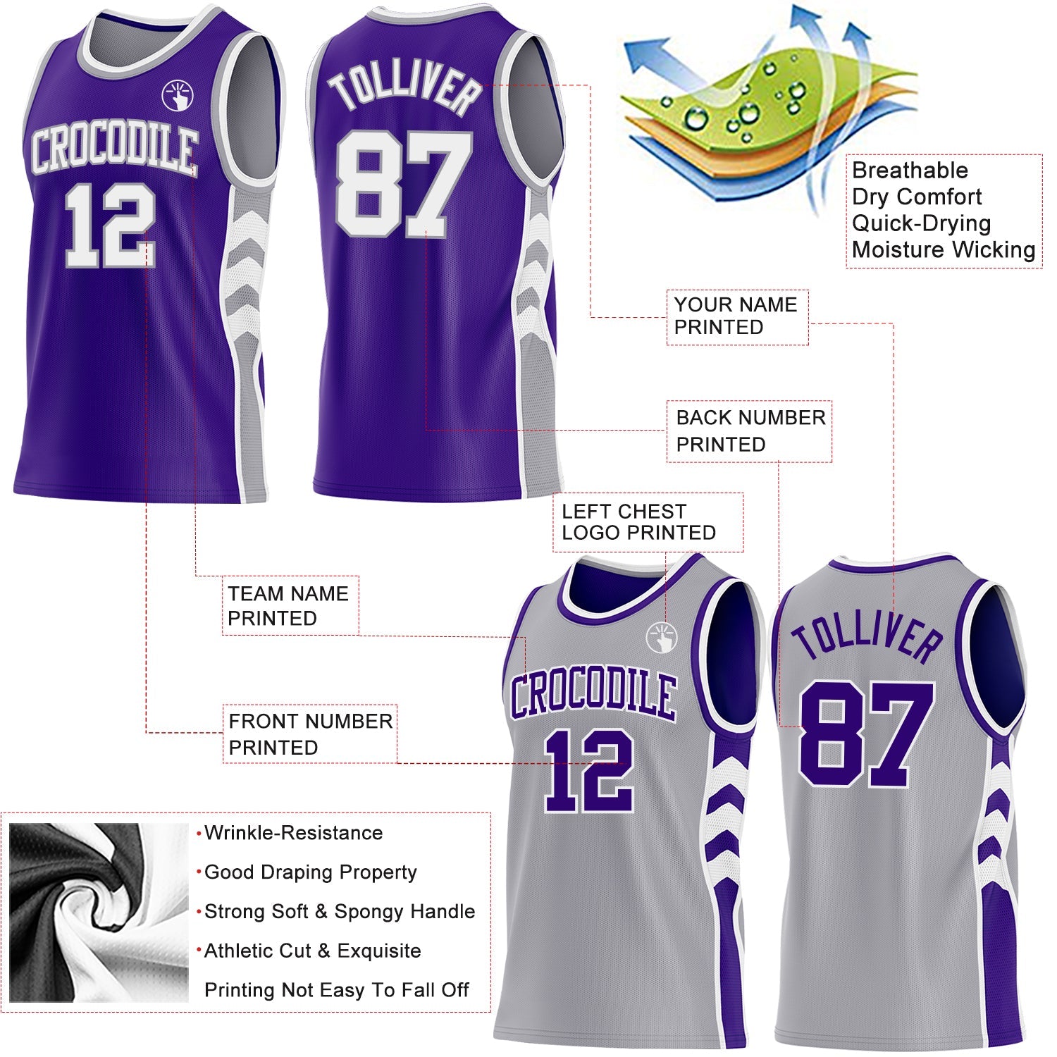 Custom Purple White-Gray Side Panel Geometric Chevron Reversible Double Side Sublimation Basketball Set Jersey