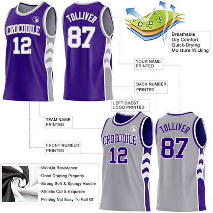 Custom Purple White-Gray Side Panel Geometric Chevron Reversible Double Side Sublimation Basketball Set Jersey