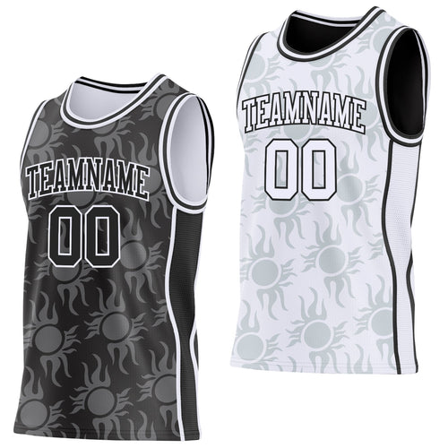 Custom Black-White Side Panel Stripe Sun Flame Reversible Double Side Sublimation Basketball Set Jersey