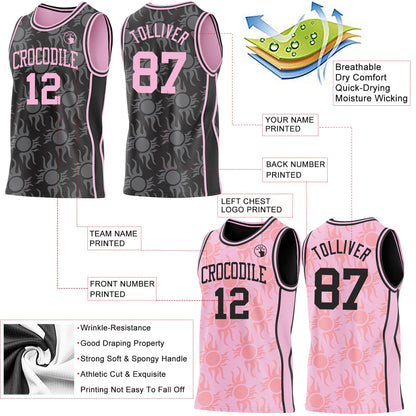 Custom Black-Light Pink Side Panel Stripe Sun Flame Reversible Double Side Sublimation Basketball Set Jersey