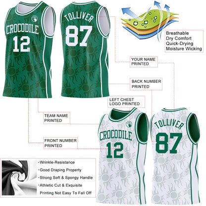 Custom Kelly Green-White Side Panel Stripe Sun Flame Reversible Double Side Sublimation Basketball Set Jersey