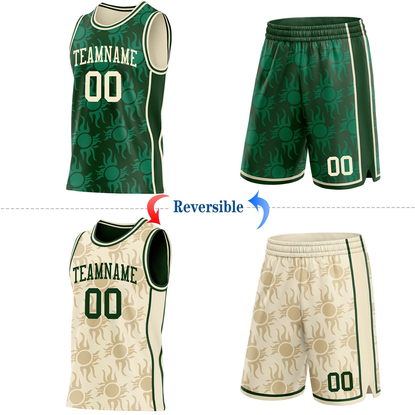 Custom Green-Cream Side Panel Stripe Sun Flame Reversible Double Side Sublimation Basketball Set Jersey