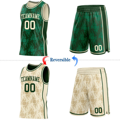 Custom Green-Cream Side Panel Stripe Sun Flame Reversible Double Side Sublimation Basketball Set Jersey