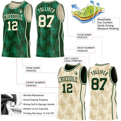Custom Green-Cream Side Panel Stripe Sun Flame Reversible Double Side Sublimation Basketball Set Jersey