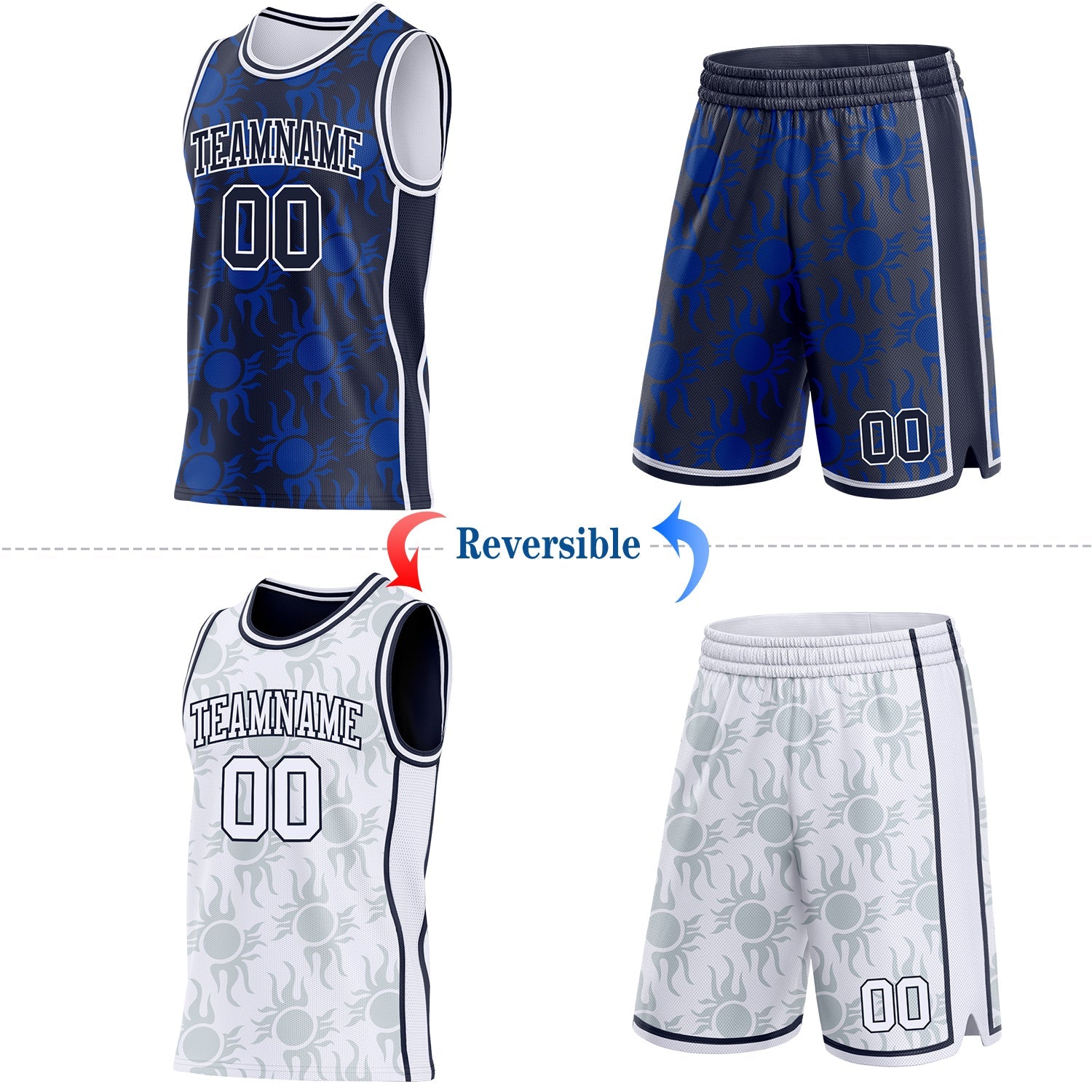 Custom Navy-White Side Panel Stripe Sun Flame Reversible Double Side Sublimation Basketball Set Jersey