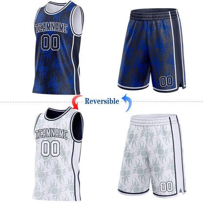 Custom Navy-White Side Panel Stripe Sun Flame Reversible Double Side Sublimation Basketball Set Jersey