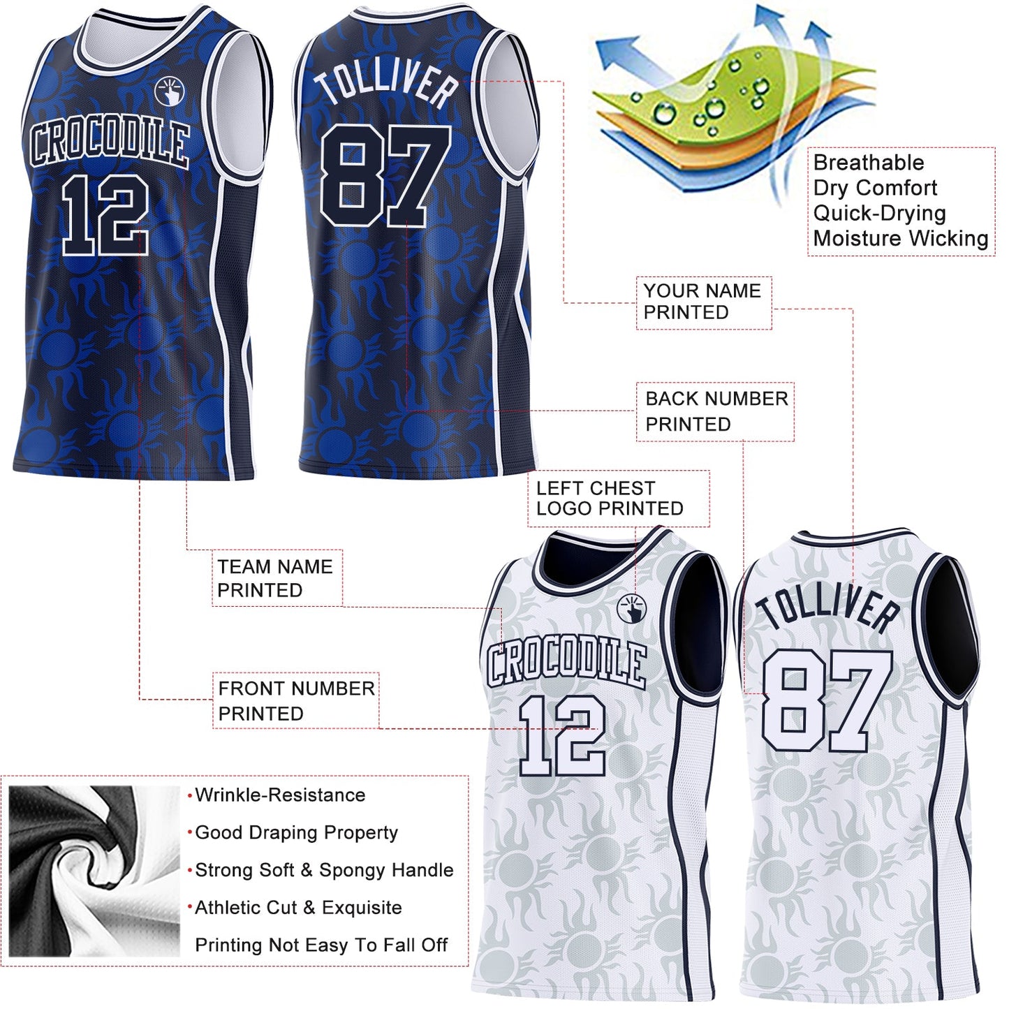 Custom Navy-White Side Panel Stripe Sun Flame Reversible Double Side Sublimation Basketball Set Jersey