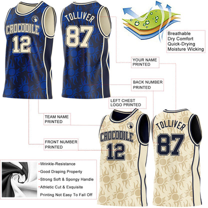 Custom Navy-Cream Side Panel Stripe Sun Flame Reversible Double Side Sublimation Basketball Set Jersey