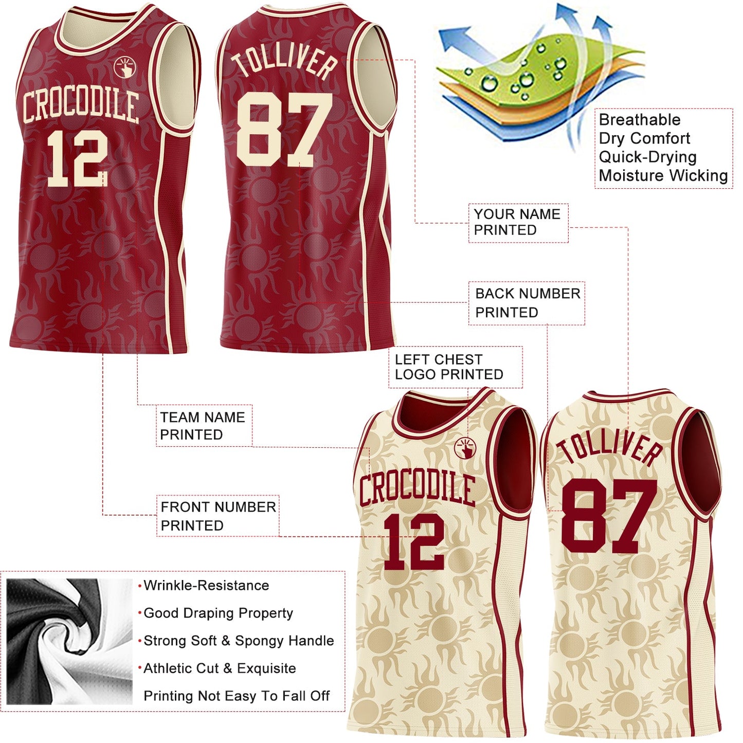 Custom Maroon-Cream Side Panel Stripe Sun Flame Reversible Double Side Sublimation Basketball Set Jersey