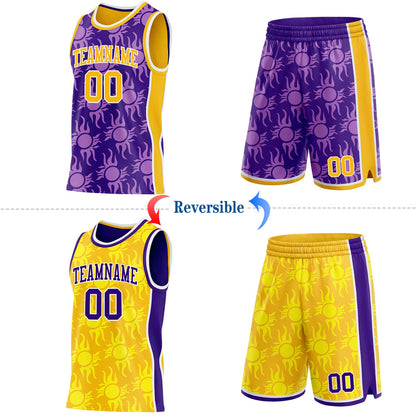 Custom Purple Gold-White Side Panel Stripe Sun Flame Reversible Double Side Sublimation Basketball Set Jersey