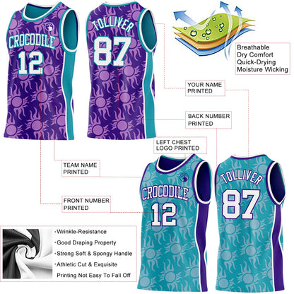 Custom Purple White-Teal Side Panel Stripe Sun Flame Reversible Double Side Sublimation Basketball Set Jersey