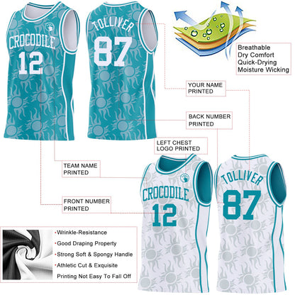Custom Teal-White Side Panel Stripe Sun Flame Reversible Double Side Sublimation Basketball Set Jersey