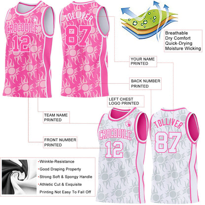 Custom Pink-White Side Panel Stripe Sun Flame Reversible Double Side Sublimation Basketball Set Jersey