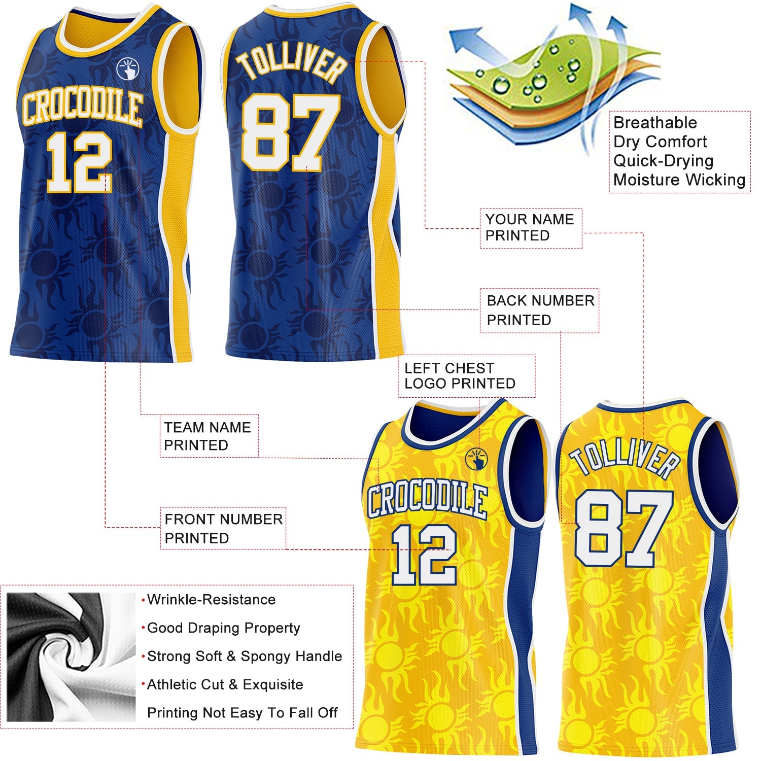 Custom Royal White-Gold Side Panel Stripe Sun Flame Reversible Double Side Sublimation Basketball Set Jersey