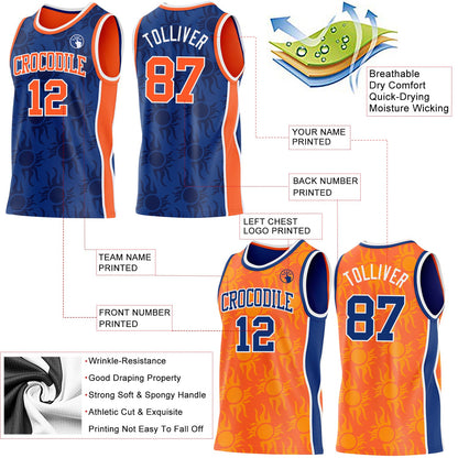 Custom Royal Orange-White Side Panel Stripe Sun Flame Reversible Double Side Sublimation Basketball Set Jersey