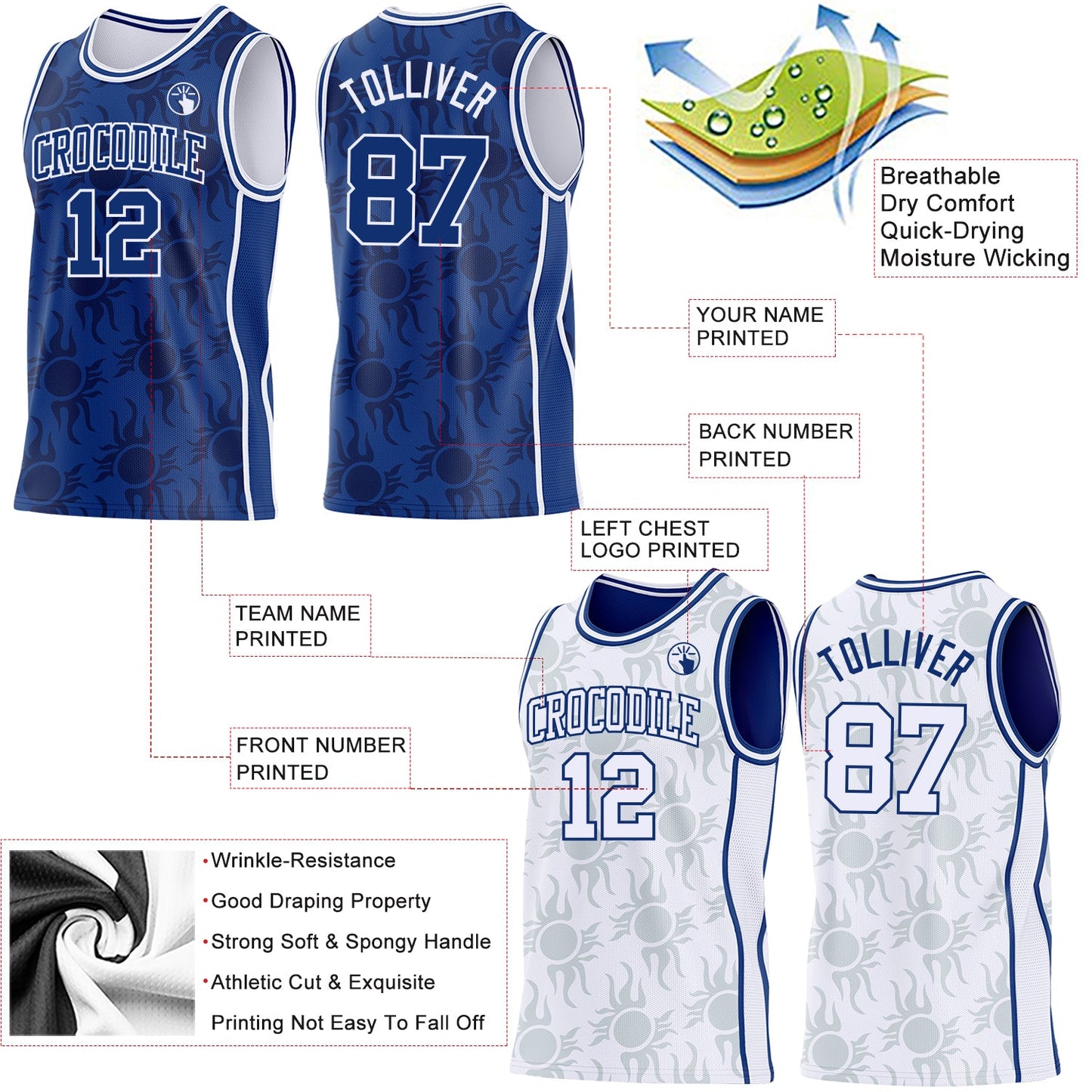Custom Royal-White Side Panel Stripe Sun Flame Reversible Double Side Sublimation Basketball Set Jersey