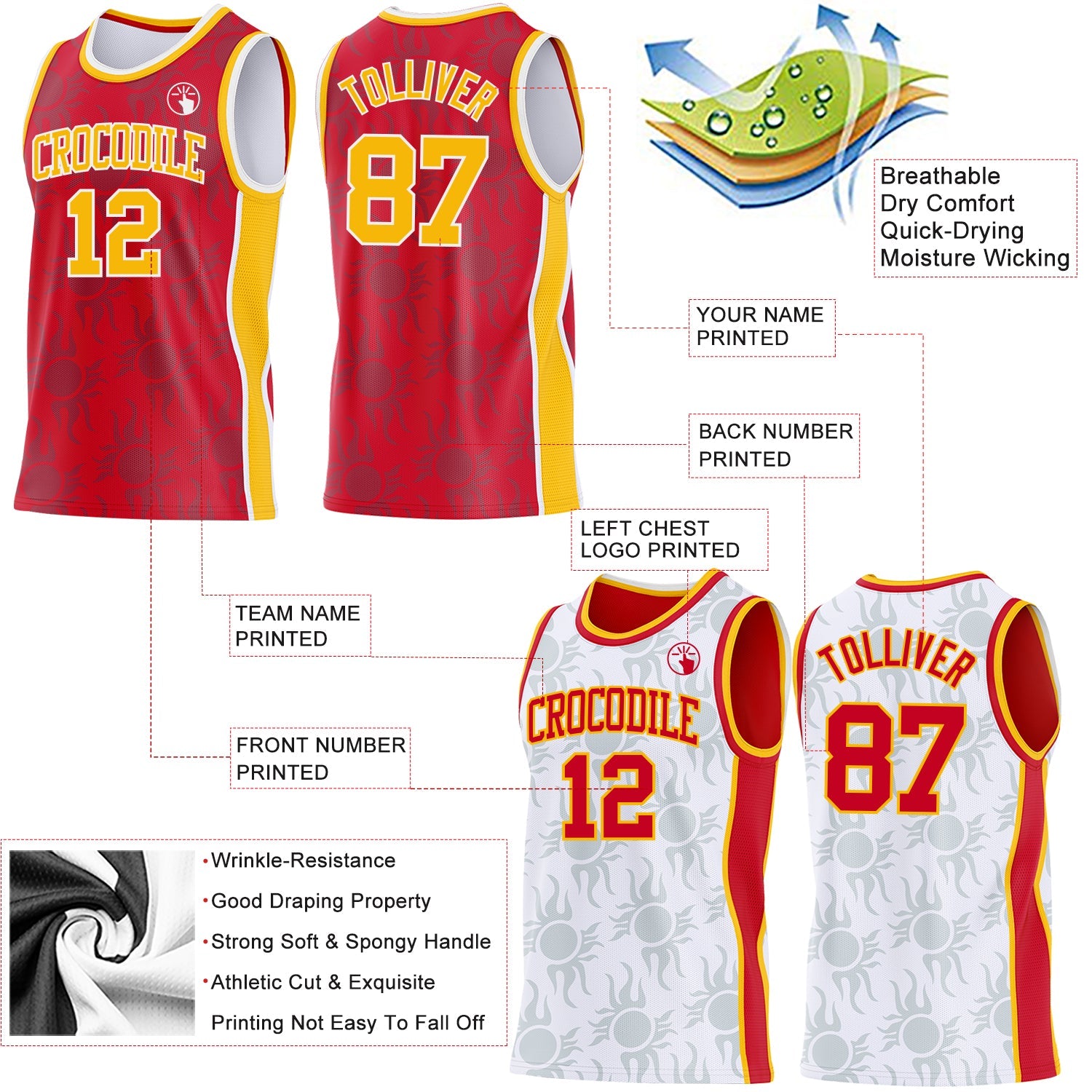 Custom Red Gold-White Side Panel Stripe Sun Flame Reversible Double Side Sublimation Basketball Set Jersey