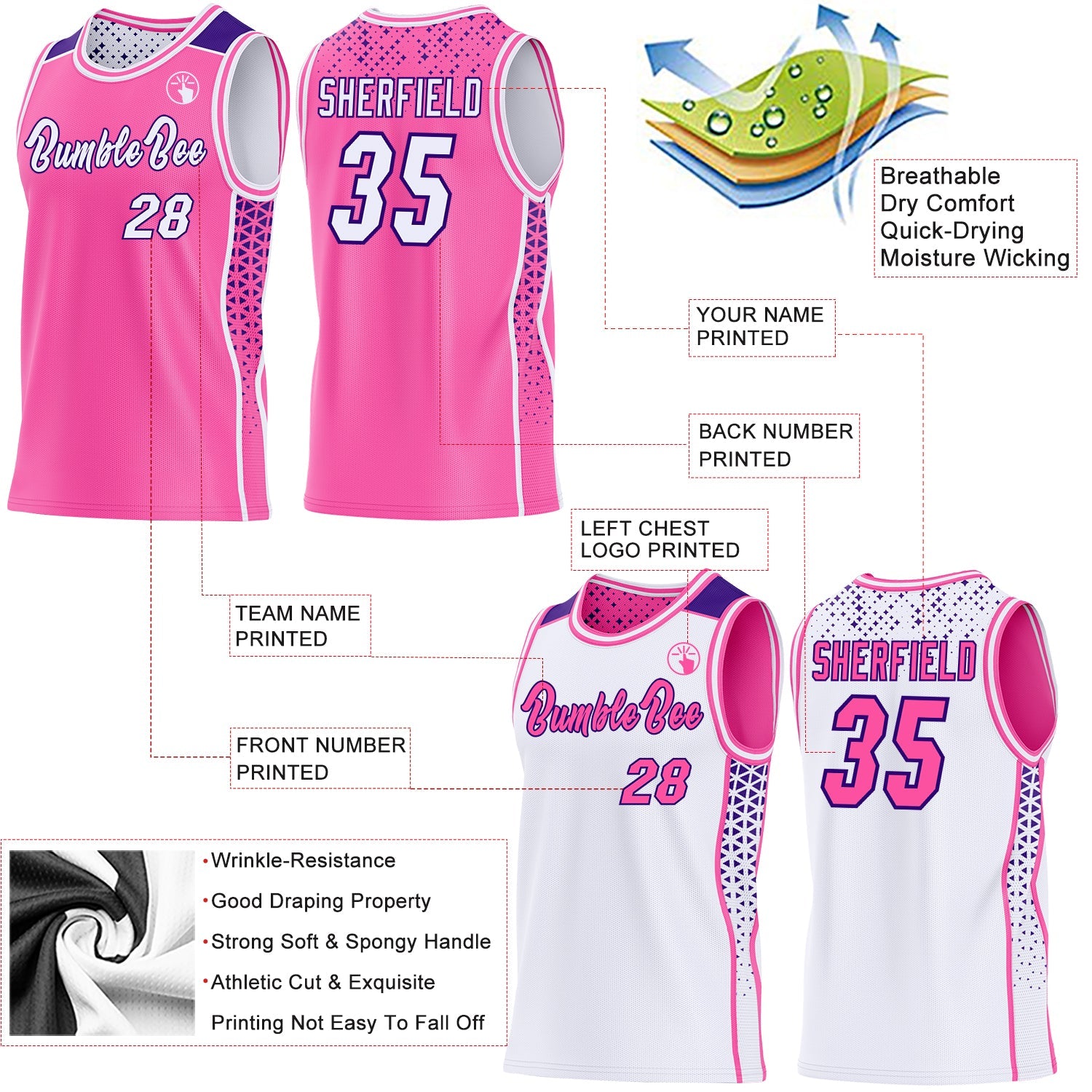 Custom Pink White-Purple Side Panel Stripe Geometric Triangle Gradient Dot Reversible Double Side Sublimation Basketball Set Jersey