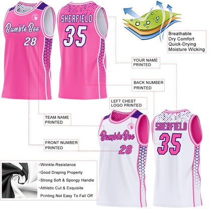 Custom Pink White-Purple Side Panel Stripe Geometric Triangle Gradient Dot Reversible Double Side Sublimation Basketball Set Jersey