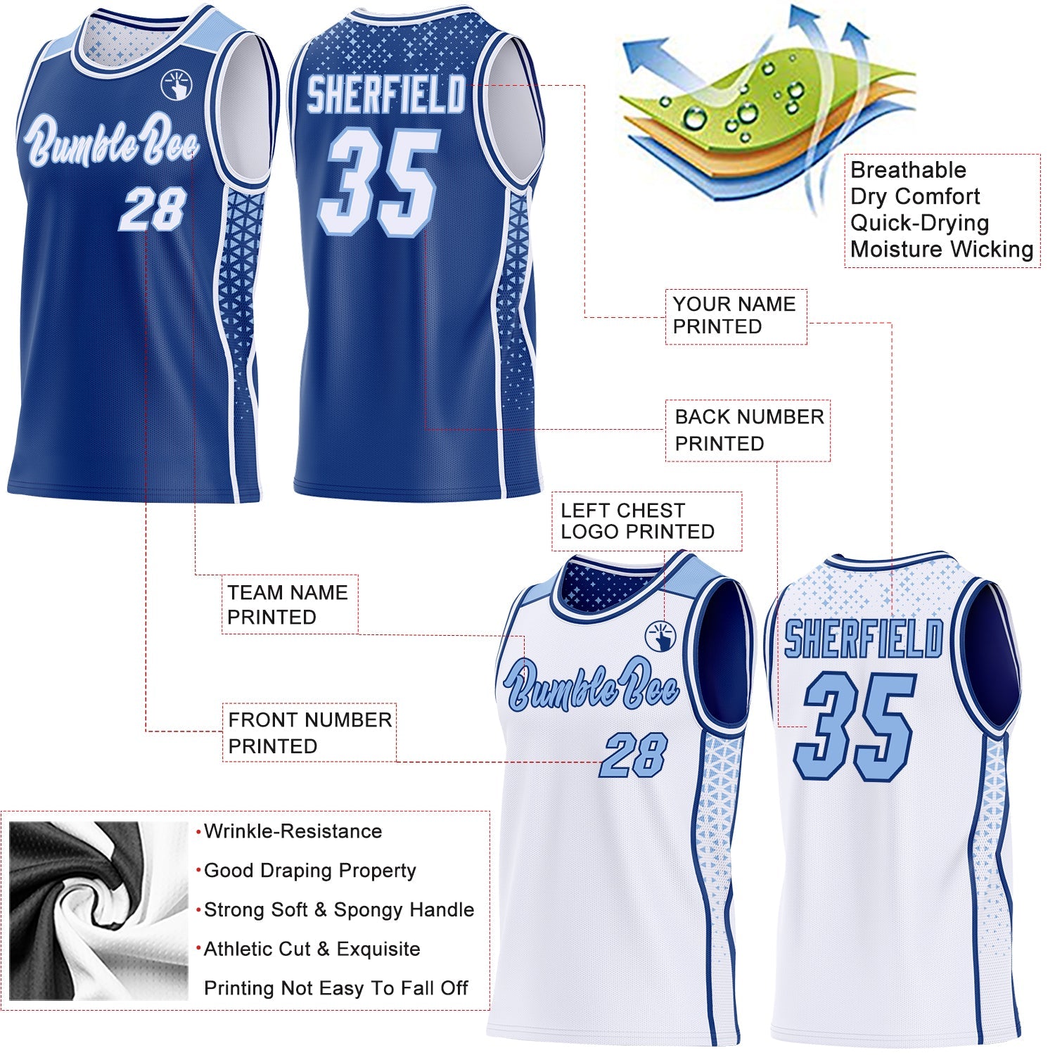 Custom Royal White-Light Blue Side Panel Stripe Geometric Triangle Gradient Dot Reversible Double Side Sublimation Basketball Set Jersey