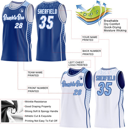 Custom Royal White-Light Blue Side Panel Stripe Geometric Triangle Gradient Dot Reversible Double Side Sublimation Basketball Set Jersey