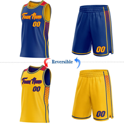 Custom Royal Gold-Red Side Panel Stripe Geometric Triangle Gradient Dot Reversible Double Side Sublimation Basketball Set Jersey